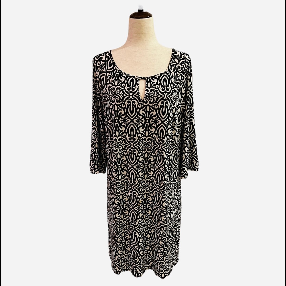 Laundry Shelli Segal Dress Black &White keyhole neck Scroll Pattern Black Lining - Picture 2 of 12